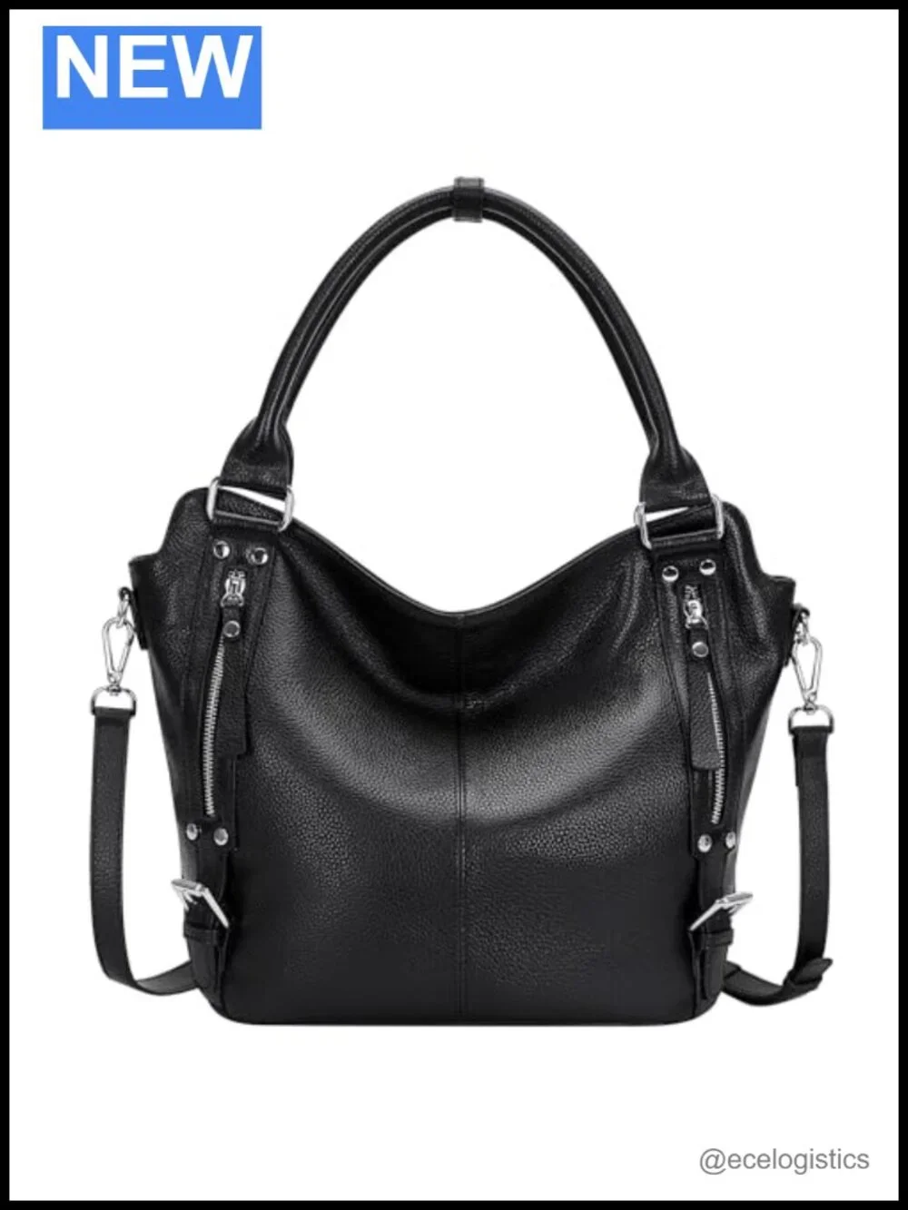 Genuine Leather Large Hobo Bag with Multiple Pockets, Shoulder Strap